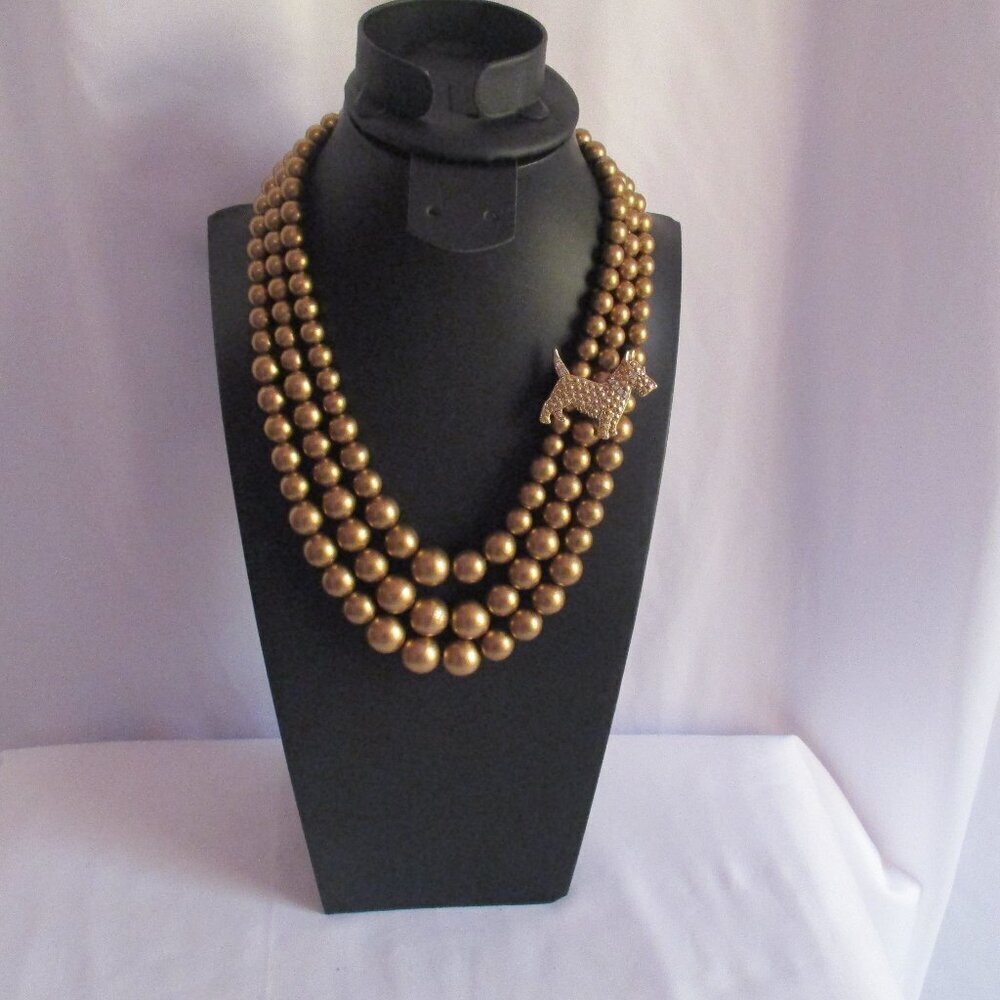 STATEMENT Vintage 50's Gold Coated Lucite 3 Rows Beaded with Terrier Brooch